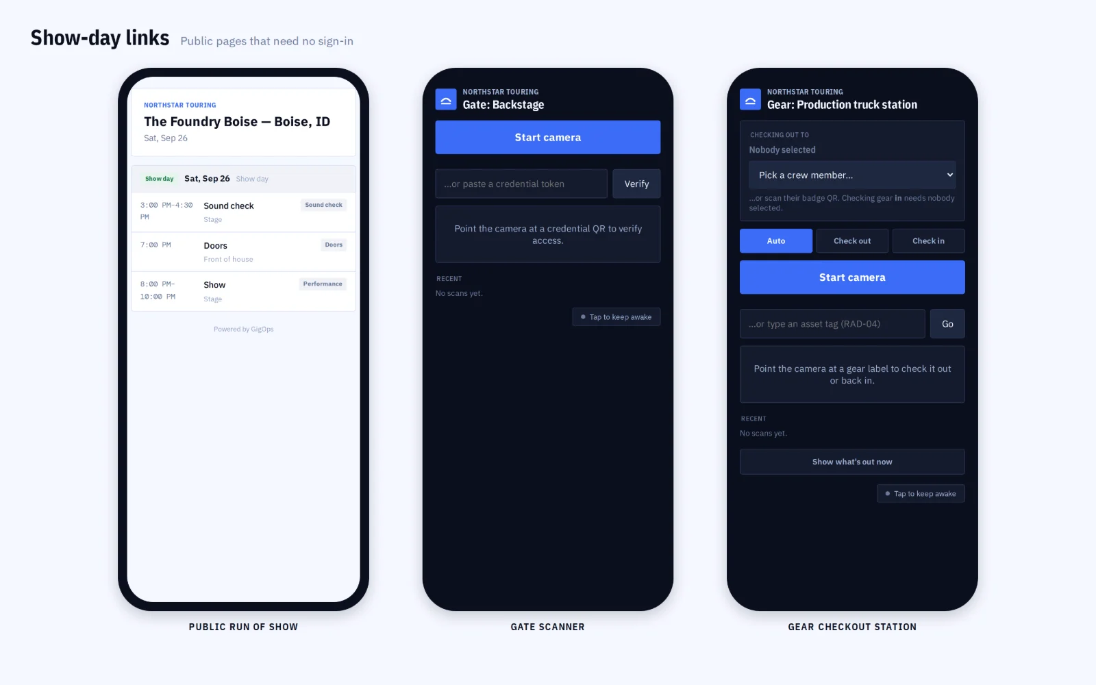 Public schedule, the no-login web gate page, gear station
