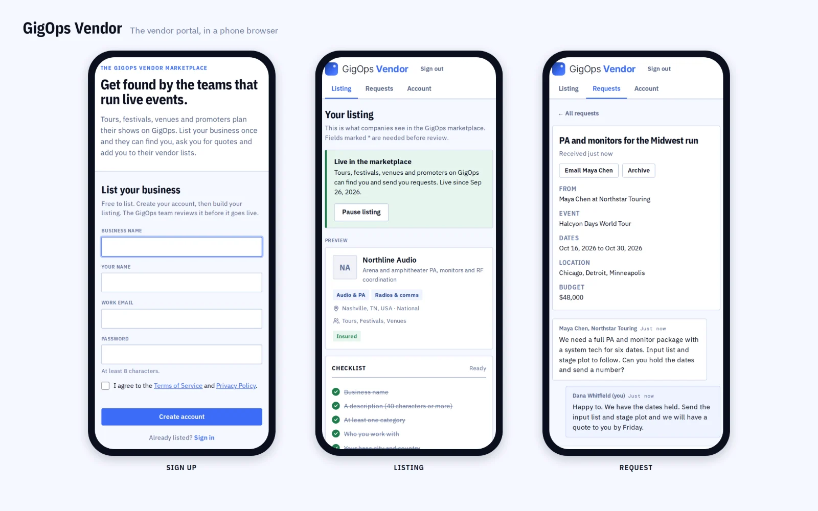 Three phones showing GigOps Vendor: the sign-up form, a listing and a request.
